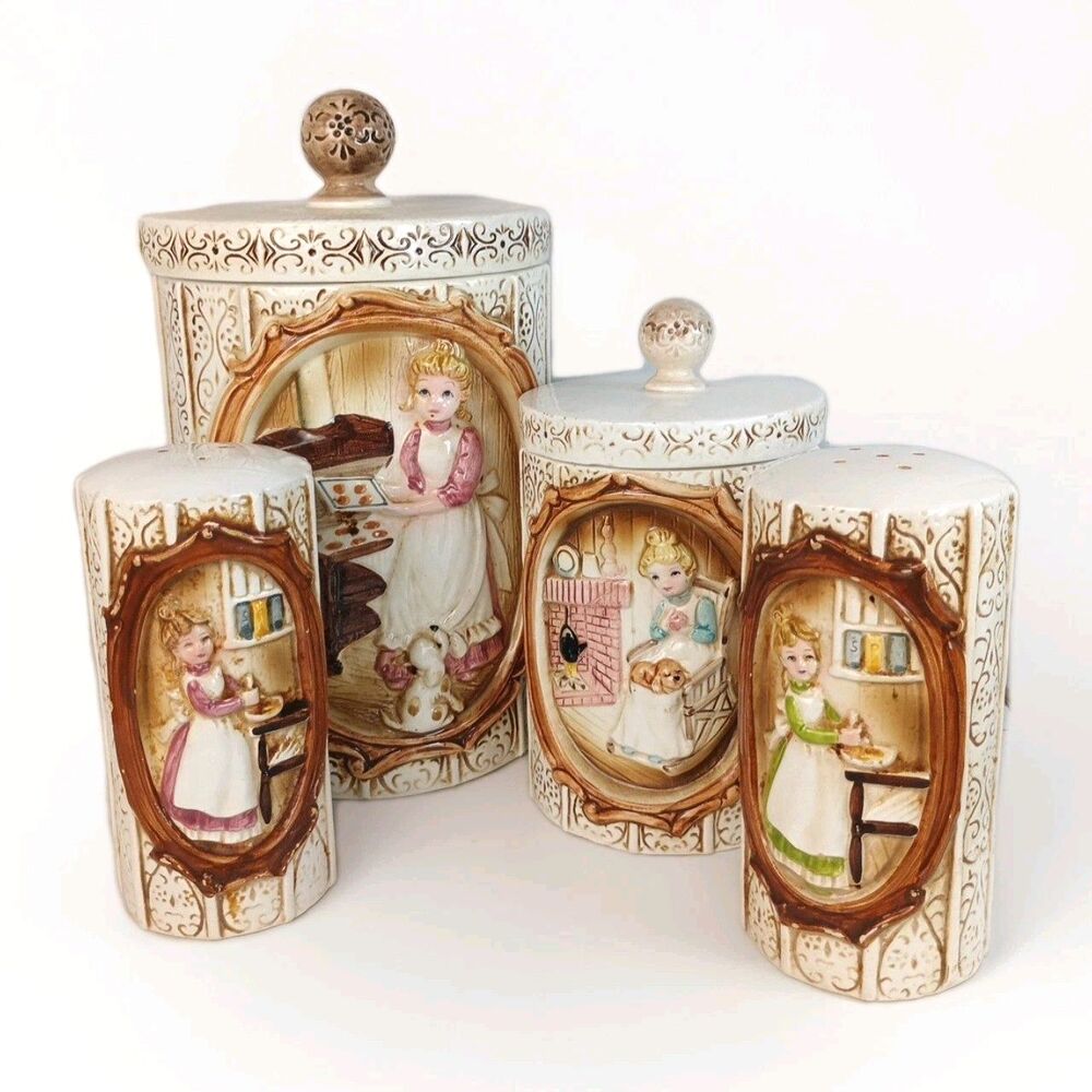 Vintage 1978 Sears Roebuck Pioneer Woman ceramic kitchen canisters Salt Pepper